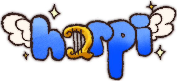 Stylised text of "harpi" with wings on either side and a harp replacing the "a"